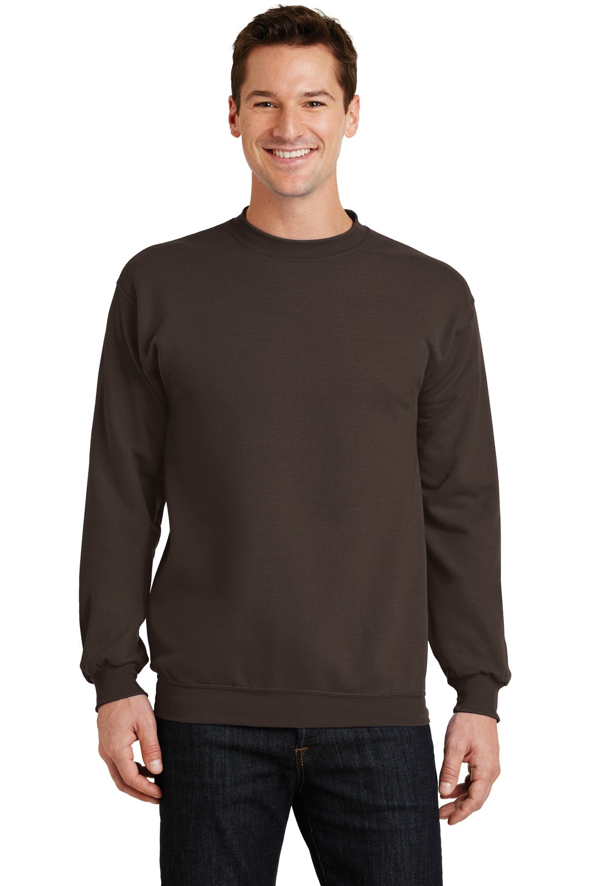 Front View of Dark Chocolate Port & Co Core Fleece Crewneck Sweatshirt. PC78