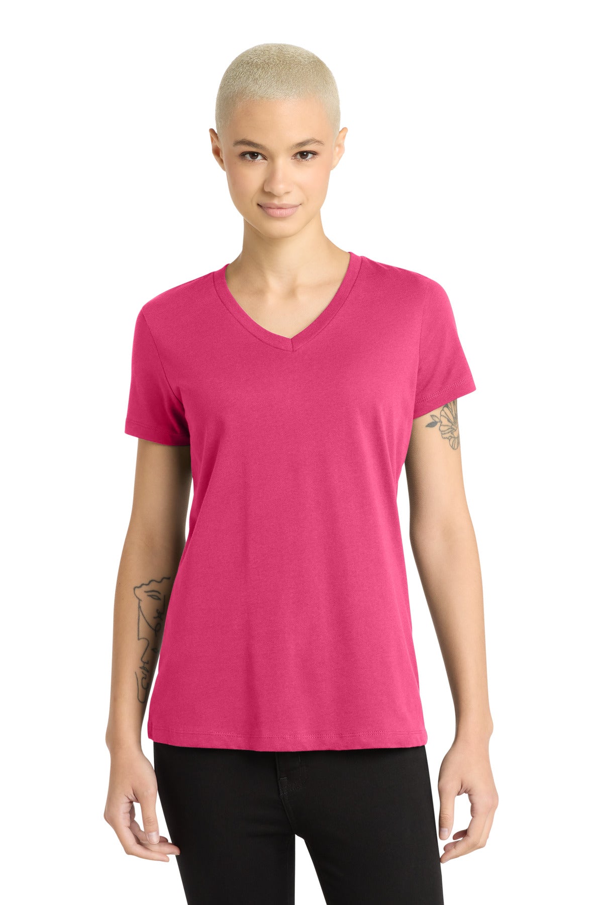 Front View of Dark Fuchsia District - Women's Perfect Weight V-Neck Tee. DM1170L