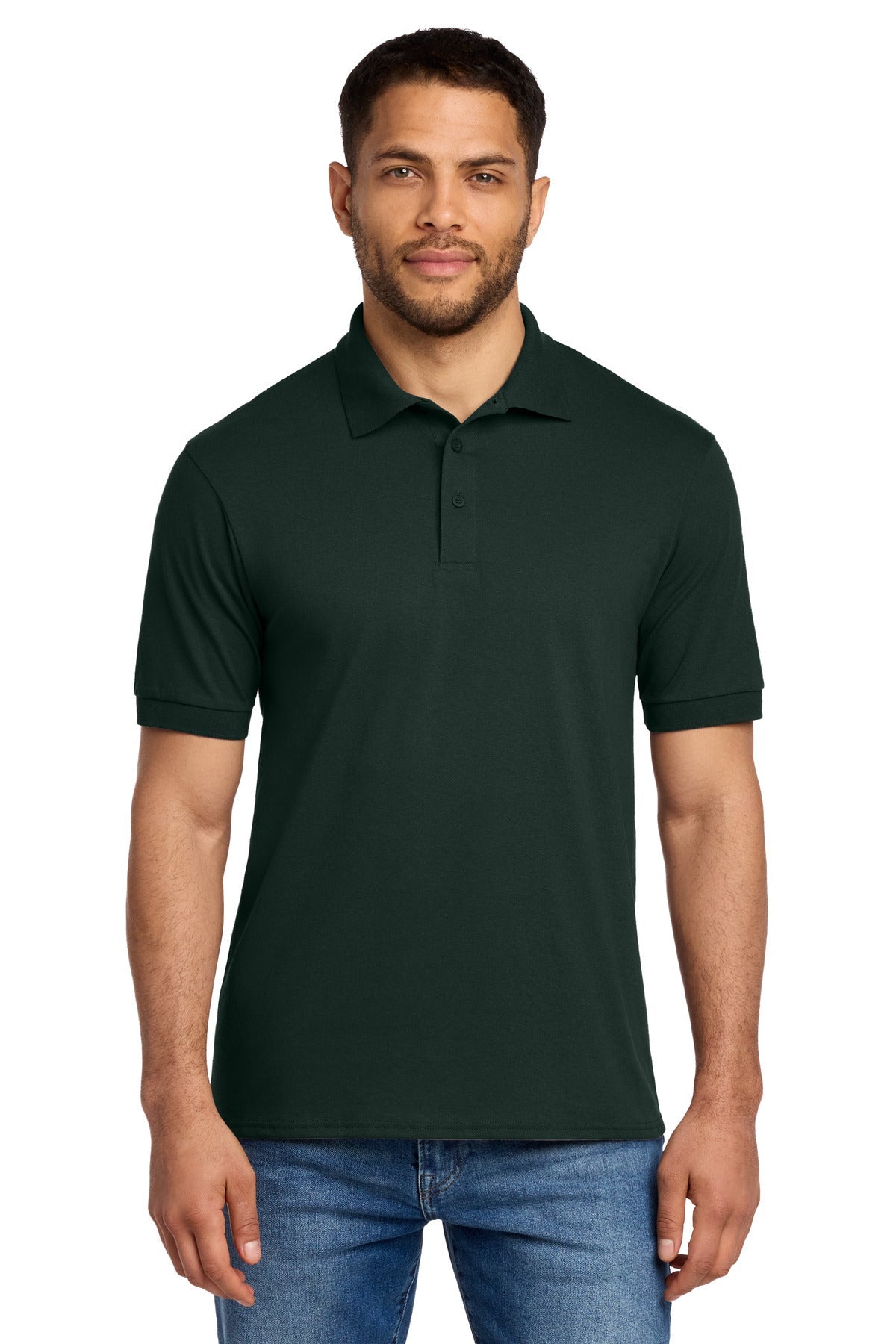 Front View of Dark Green Port & Co Core Blend Jersey Knit Polo. KP55