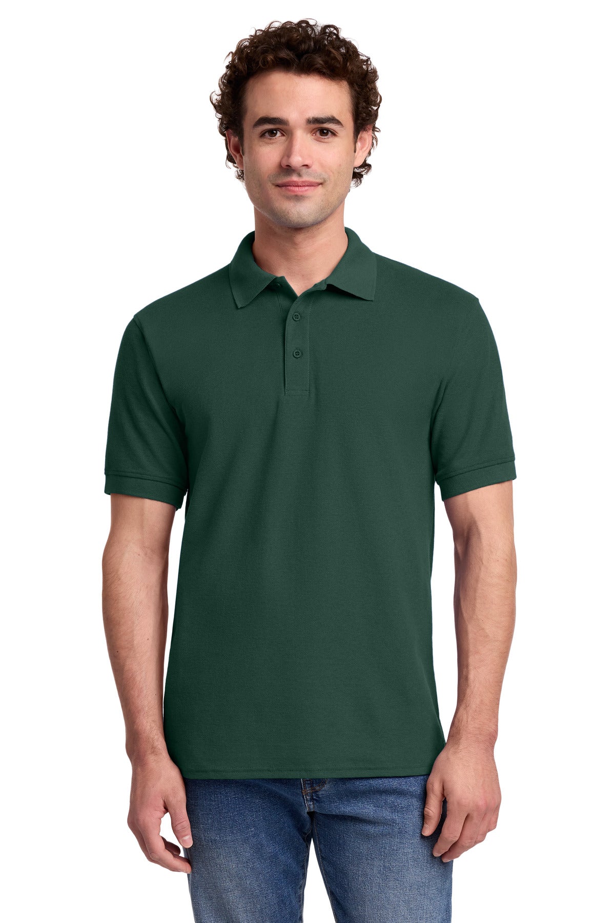 Front View of Dark Green Port & Co Core Blend Pique Polo. KP155