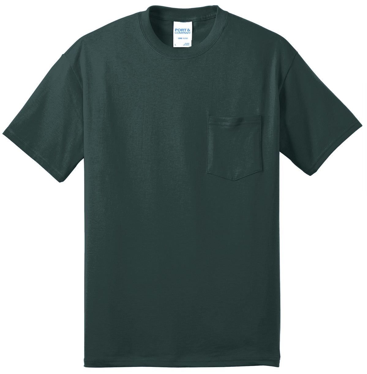Front View of Dark Green Port & Co Core Blend Pocket Tee. PC55P