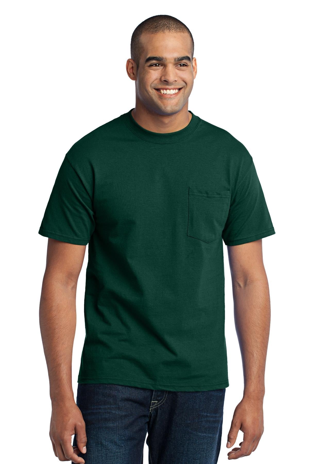 Front View of Dark Green Port & Co Core Blend Pocket Tee. PC55P