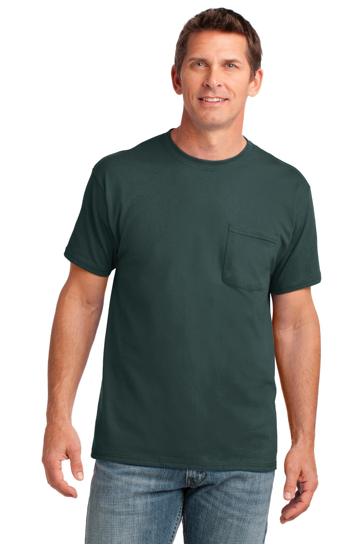 Front View of Dark Green Port & Co Core Cotton Pocket Tee. PC54P