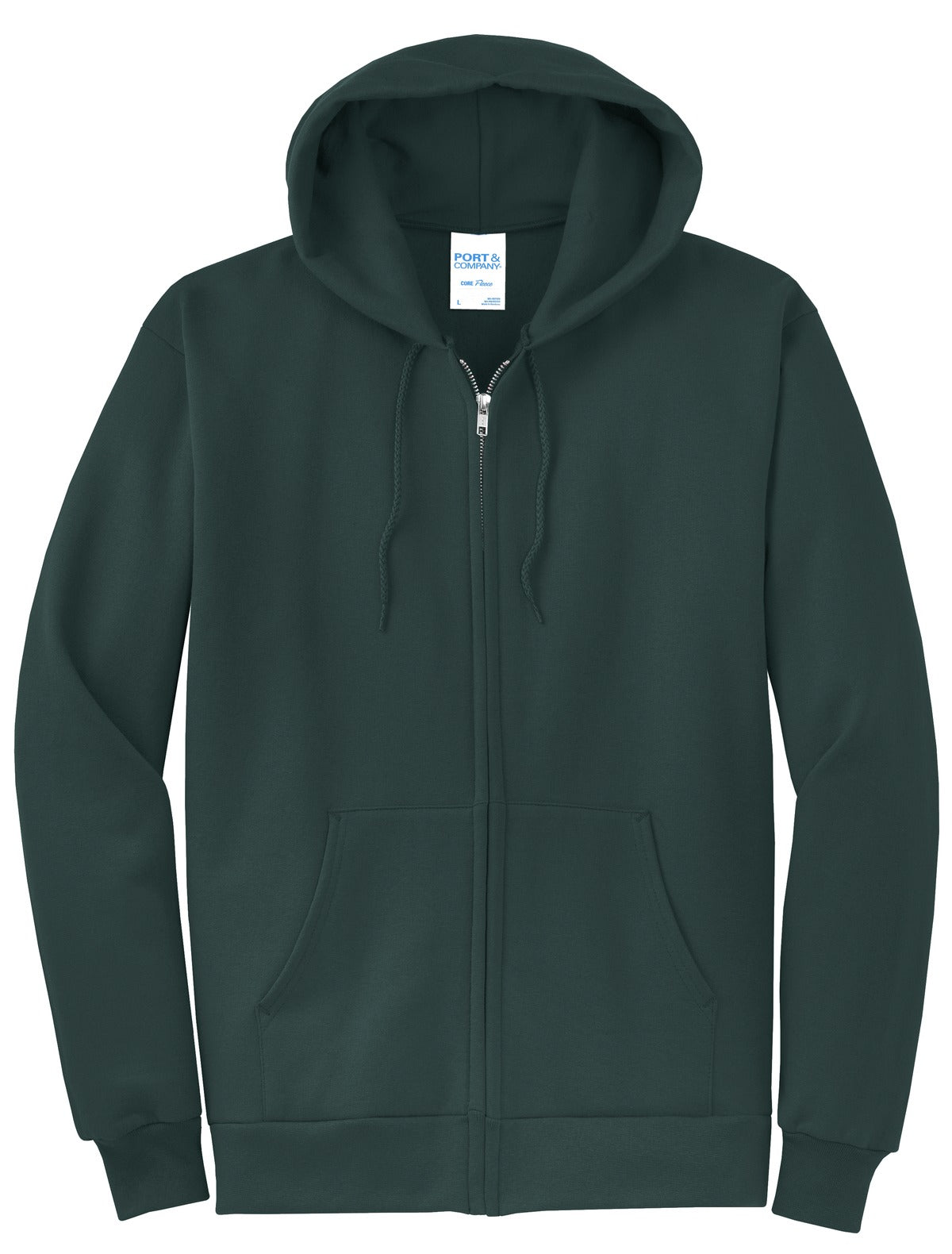 Front View of Dark Green Port & Co Core Fleece Full-Zip Hooded Sweatshirt. PC78ZH