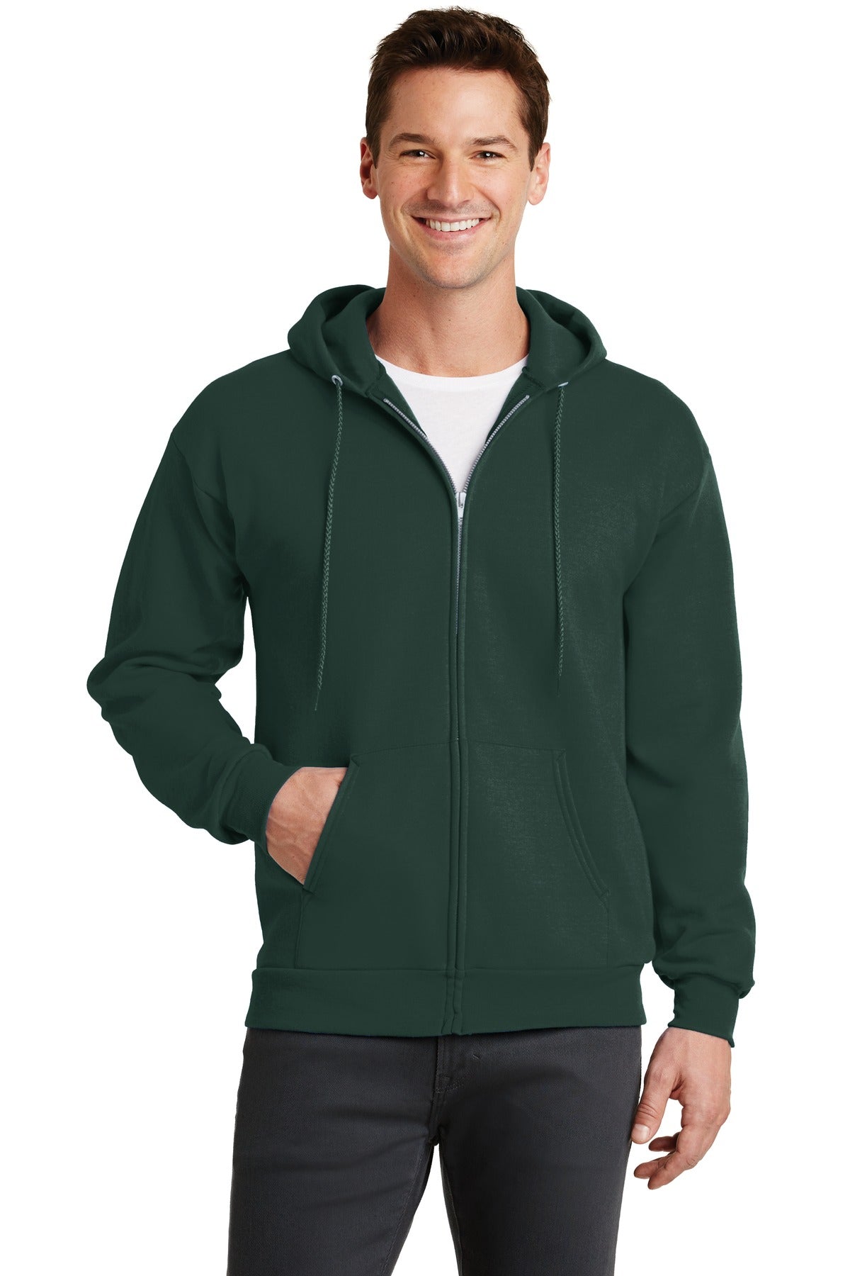 Front View of Dark Green Port & Co Core Fleece Full-Zip Hooded Sweatshirt. PC78ZH