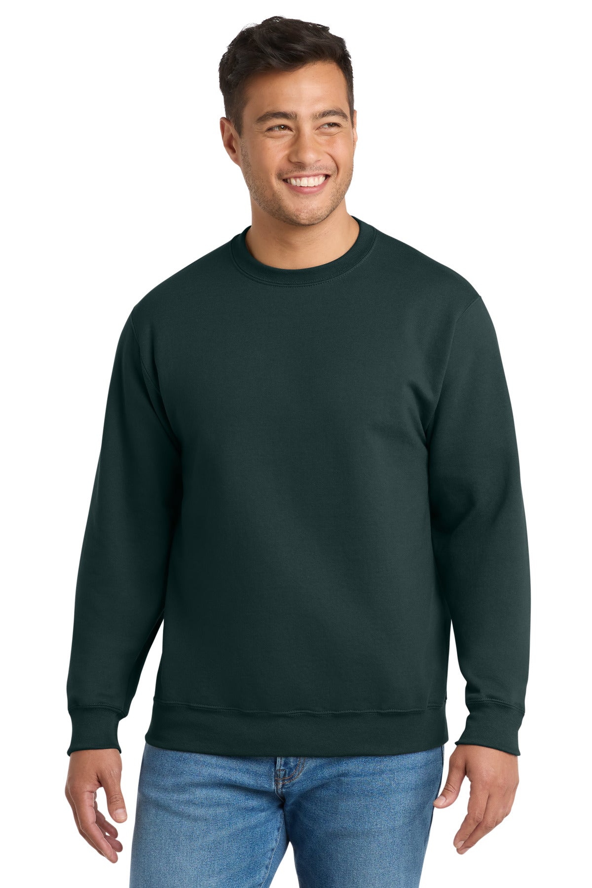 Front View of Dark Green Port & Co Essential Fleece Crewneck Sweatshirt. PC90