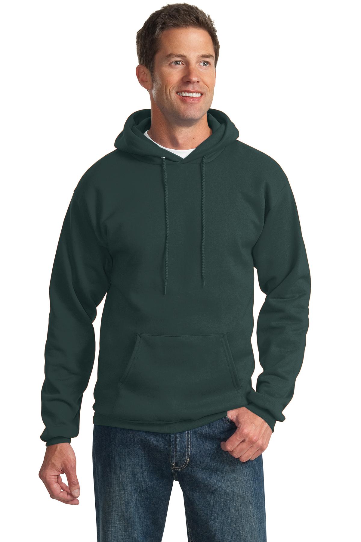 Front View of Dark Green Port & Co Essential Fleece Pullover Hooded Sweatshirt. PC90H