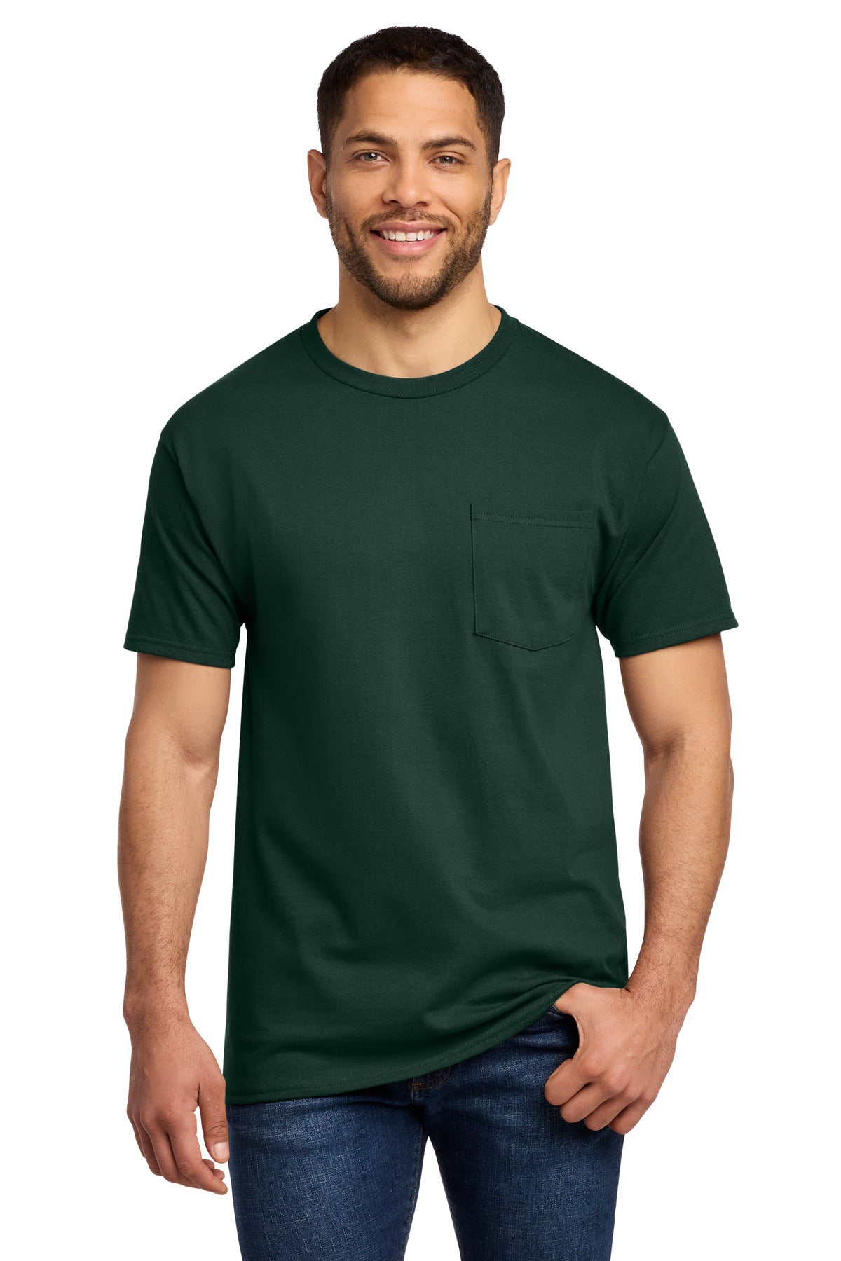 Front View of Dark Green Port & Co Essential Pocket Tee. PC61P