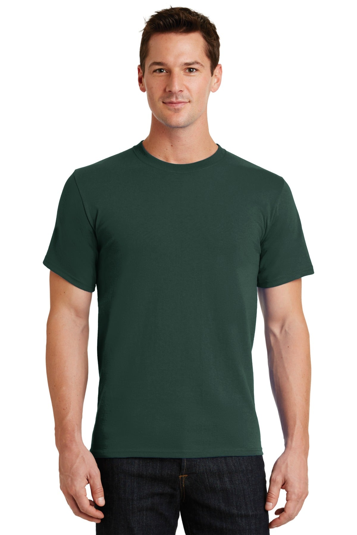 Front View of Dark Green Port & Co Essential Tee. PC61
