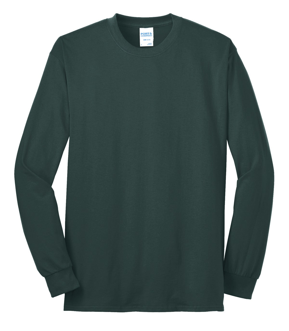 Front View of Dark Green Port & Co Long Sleeve Core Blend Tee. PC55LS
