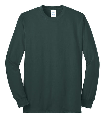 Front View of Dark Green Port & Co Long Sleeve Core Blend Tee. PC55LS