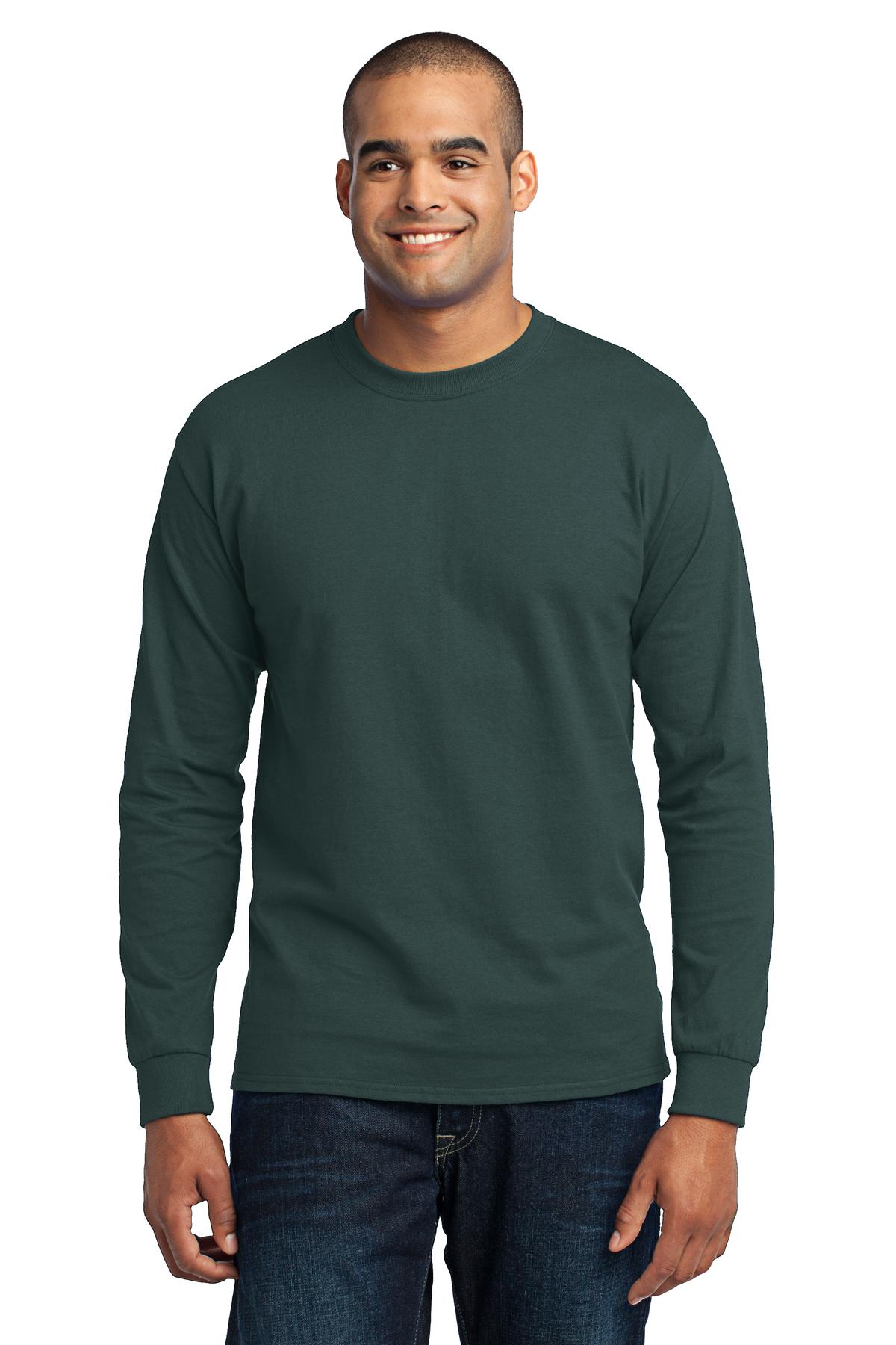 Front View of Dark Green Port & Co Long Sleeve Core Blend Tee. PC55LS