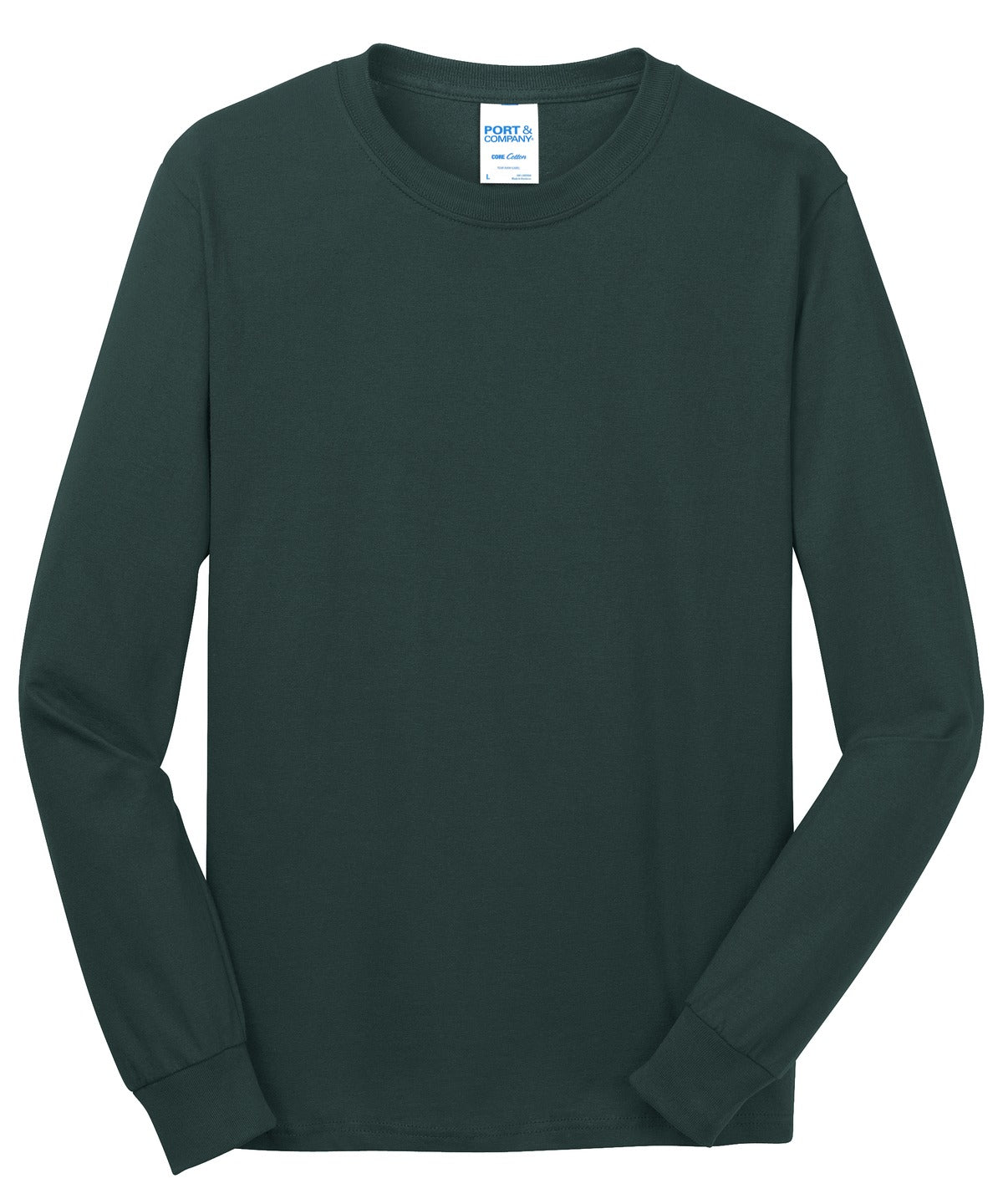 Front View of Dark Green Port & Co Long Sleeve Core Cotton Tee. PC54LS