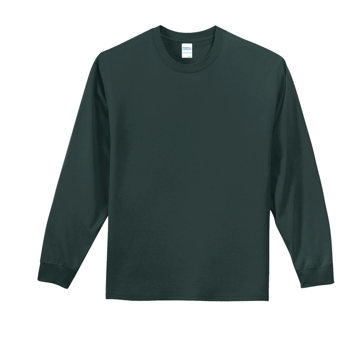 Front View of Dark Green Port & Co Long Sleeve Essential Tee. PC61LS