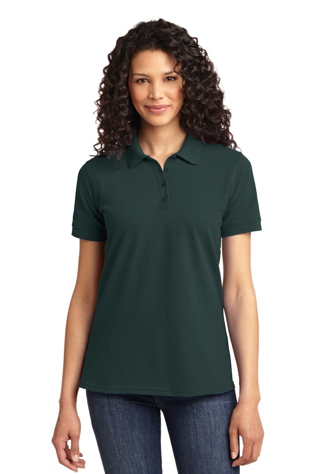 Front View of Dark Green Port & Co Women's Core Blend Pique Polo. LKP155