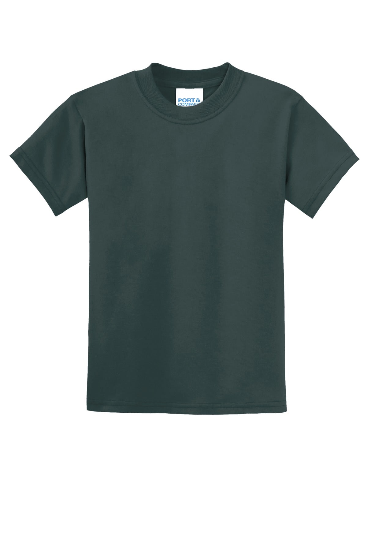 Front View of Dark Green Port & Co Youth Core Blend Tee. PC55Y