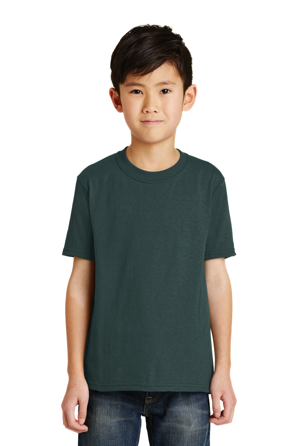 Front View of Dark Green Port & Co Youth Core Blend Tee. PC55Y