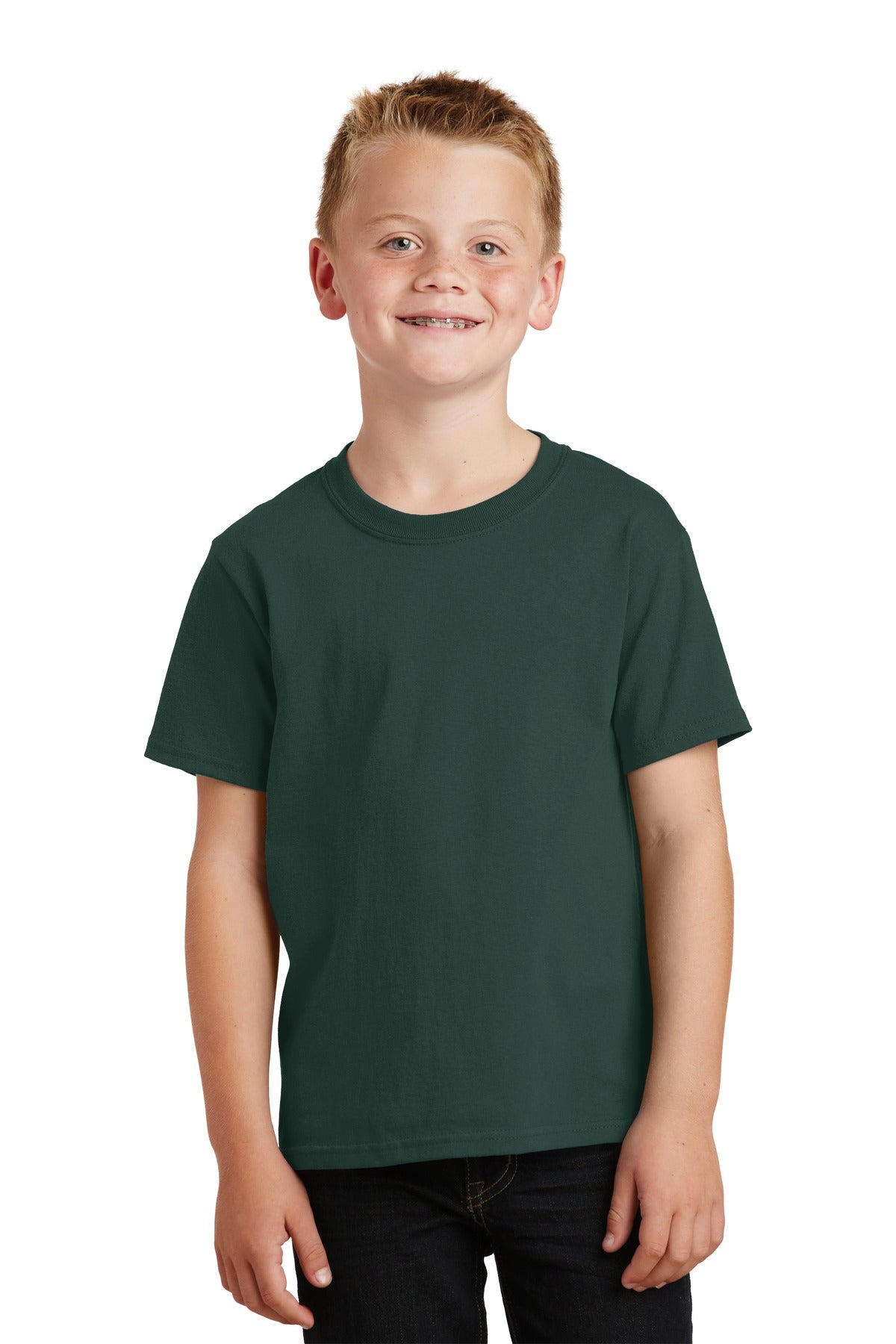 Front View of Dark Green Port & Co Youth Core Cotton Tee. PC54Y