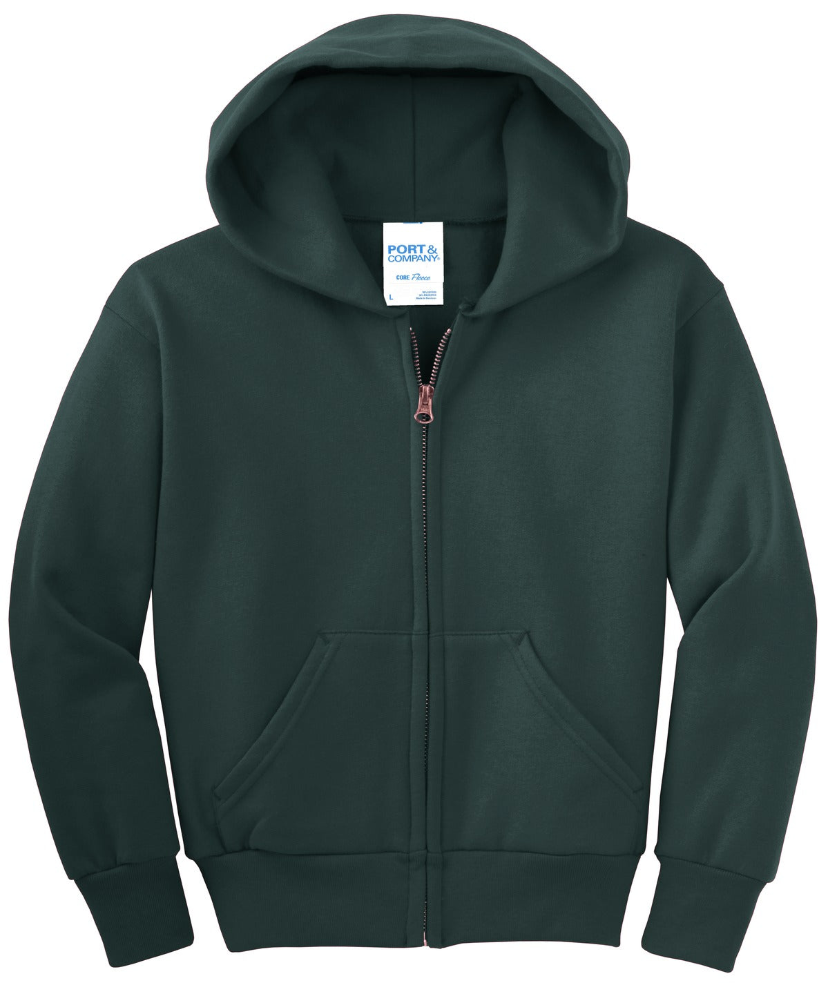 Front View of Dark Green Port & Co Youth Core Fleece Full-Zip Hooded Sweatshirt. PC90YZH