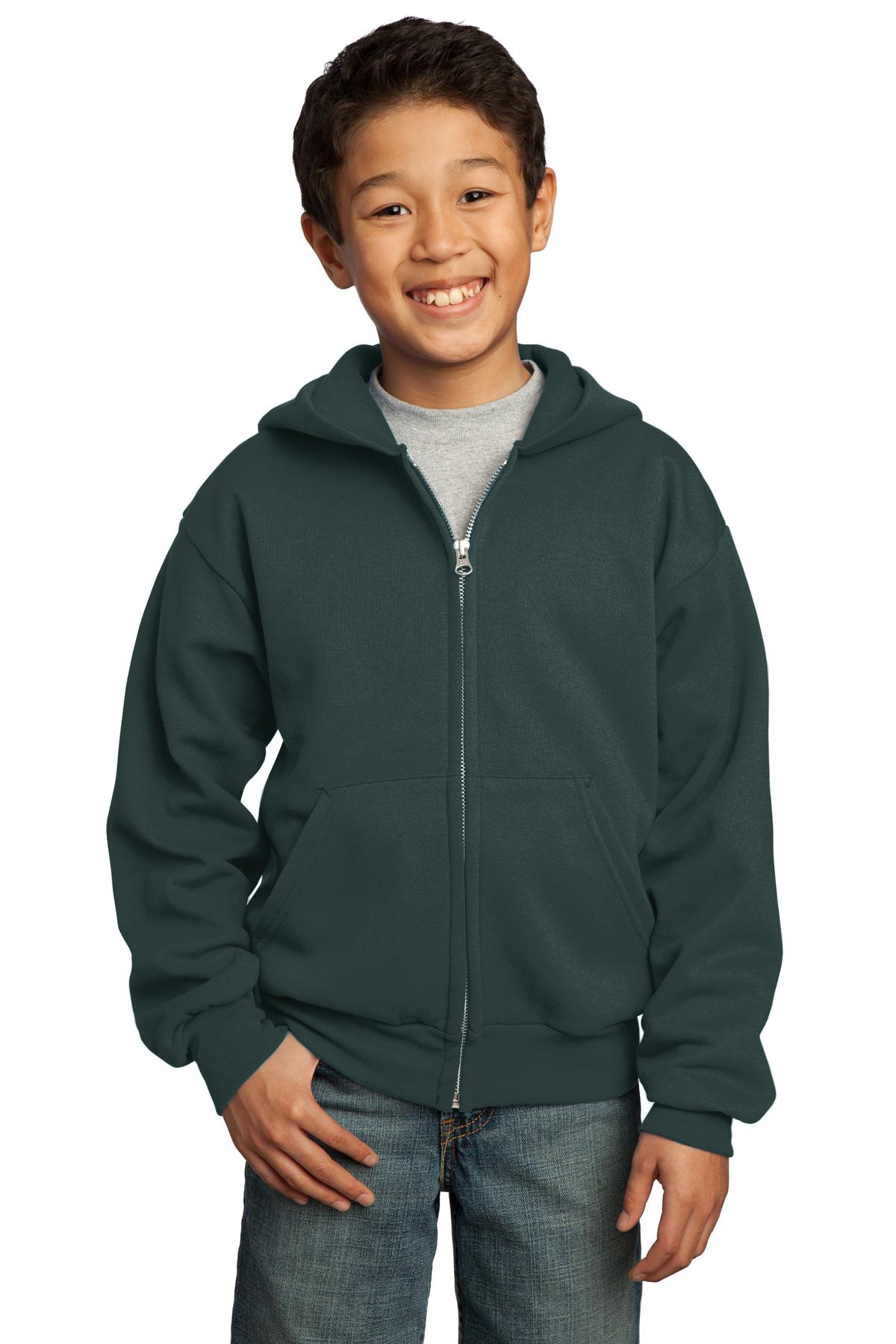 Front View of Dark Green Port & Co Youth Core Fleece Full-Zip Hooded Sweatshirt. PC90YZH