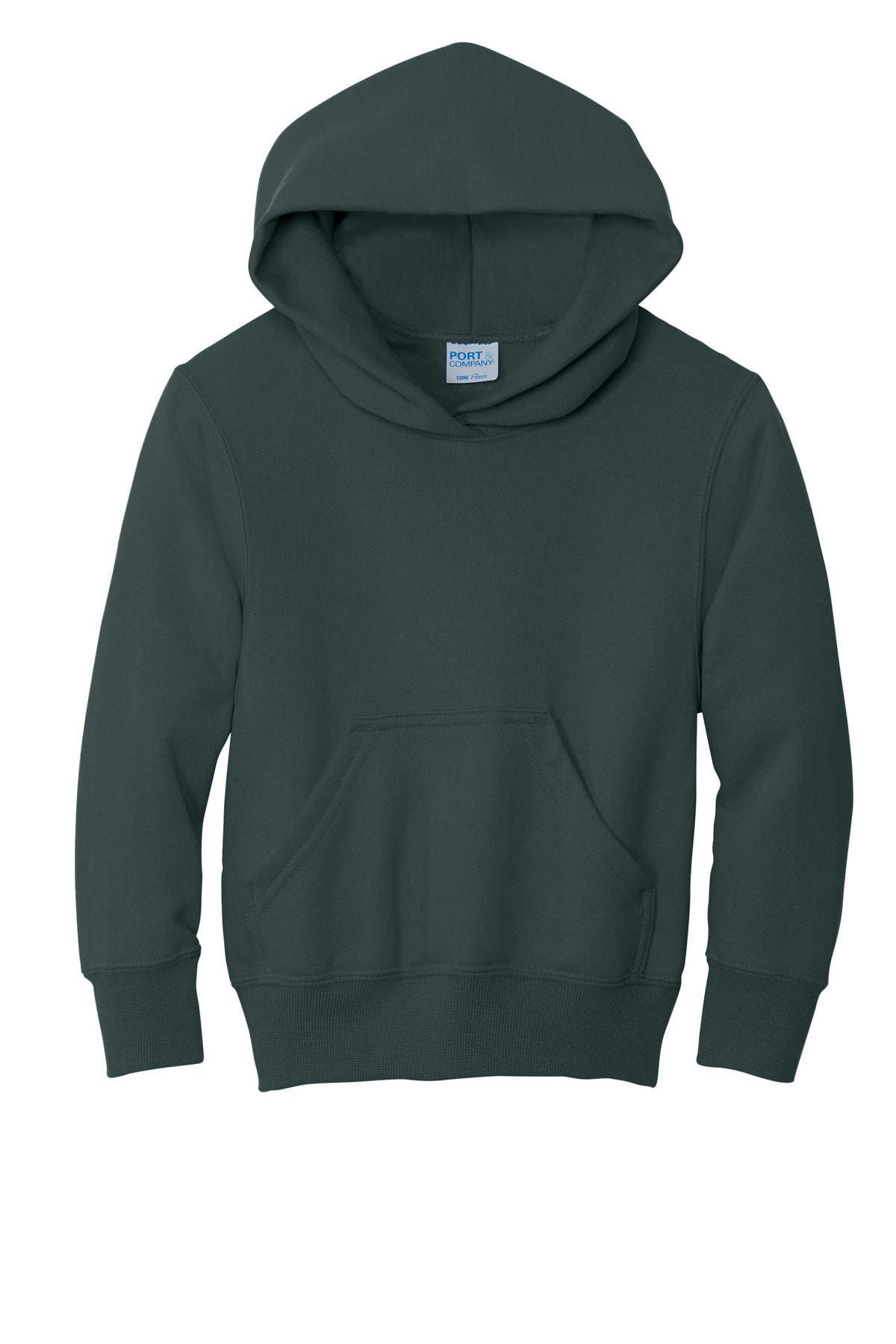 Front View of Dark Green Port & Co Youth Core Fleece Pullover Hooded Sweatshirt. PC90YH