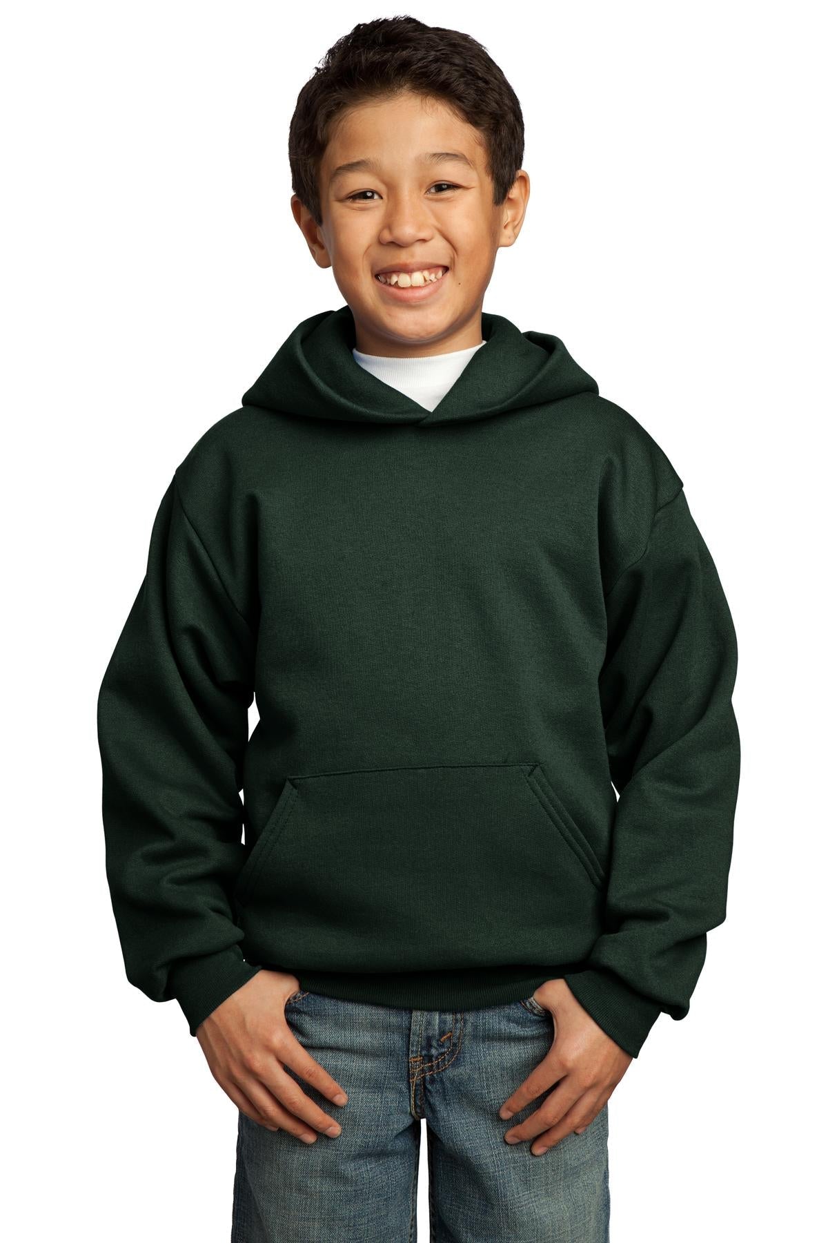 Front View of Dark Green Port & Co Youth Core Fleece Pullover Hooded Sweatshirt. PC90YH
