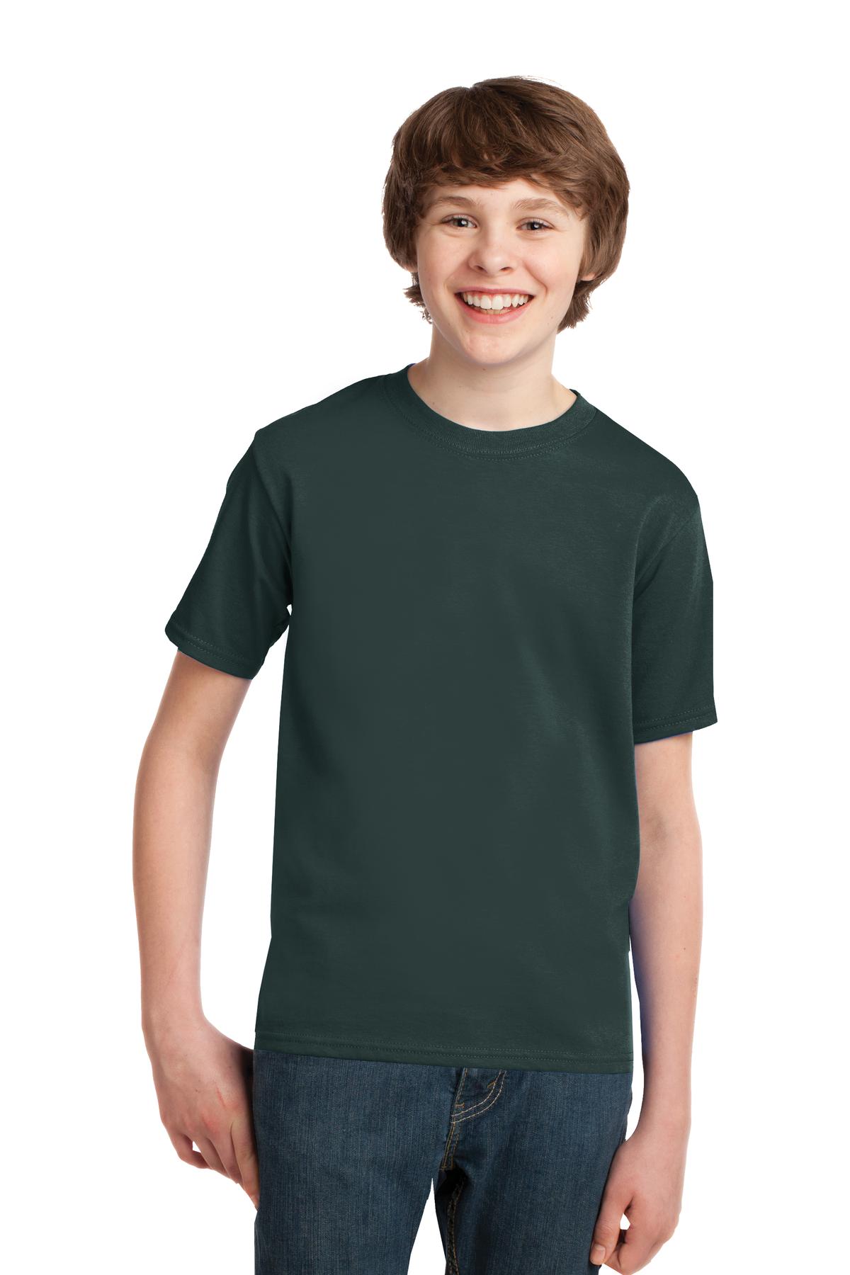 Front View of Dark Green Port & Co Youth Essential Tee. PC61Y
