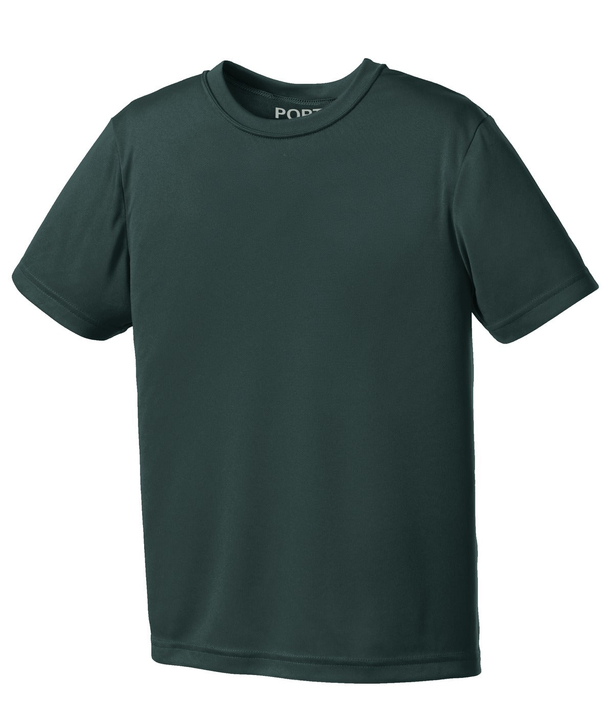 Front View of Dark Green Port & Co Youth Performance Tee. PC380Y
