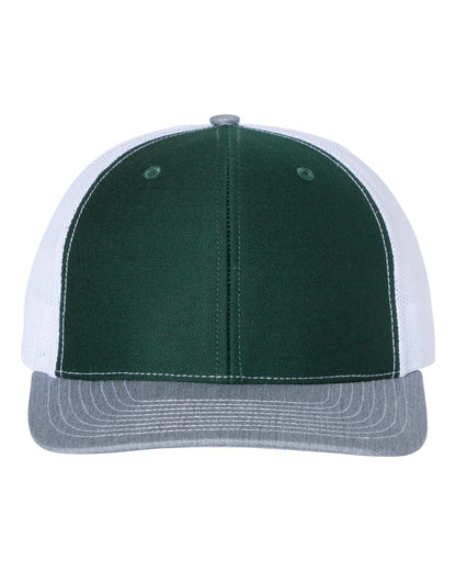 Front View of Dark Green/ White/ Heather Grey Snapback Trucker Cap - 112