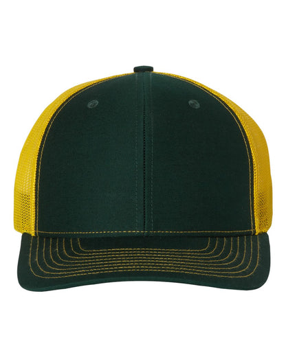 Front View of Dark Green/ Yellow Snapback Trucker Cap - 112