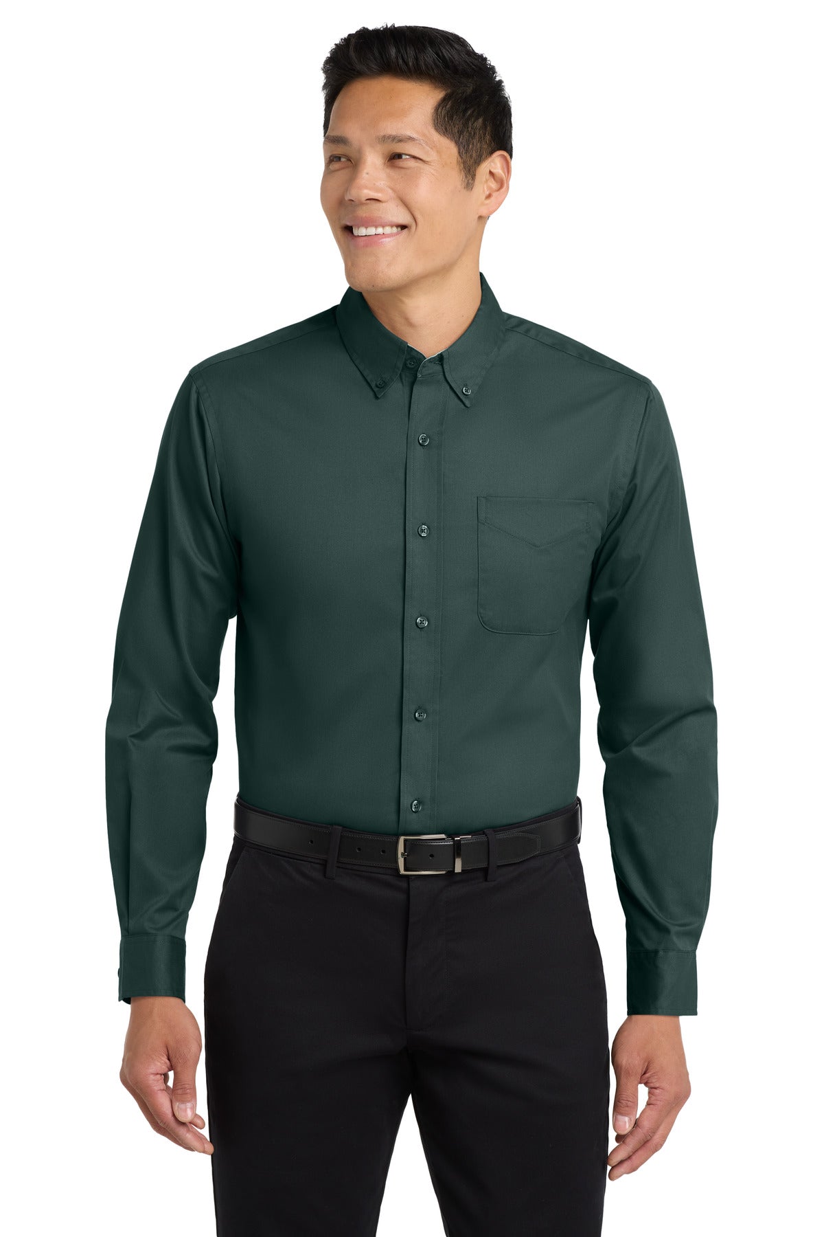 Front View of Dark Green/Nvy Port Authority Long Sleeve Easy Care Shirt S608