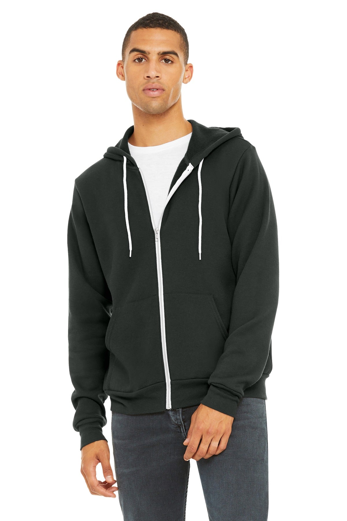 Front View of Dark Grey BELLA+CANVAS Unisex Sponge Fleece Full-Zip Hoodie. BC3739