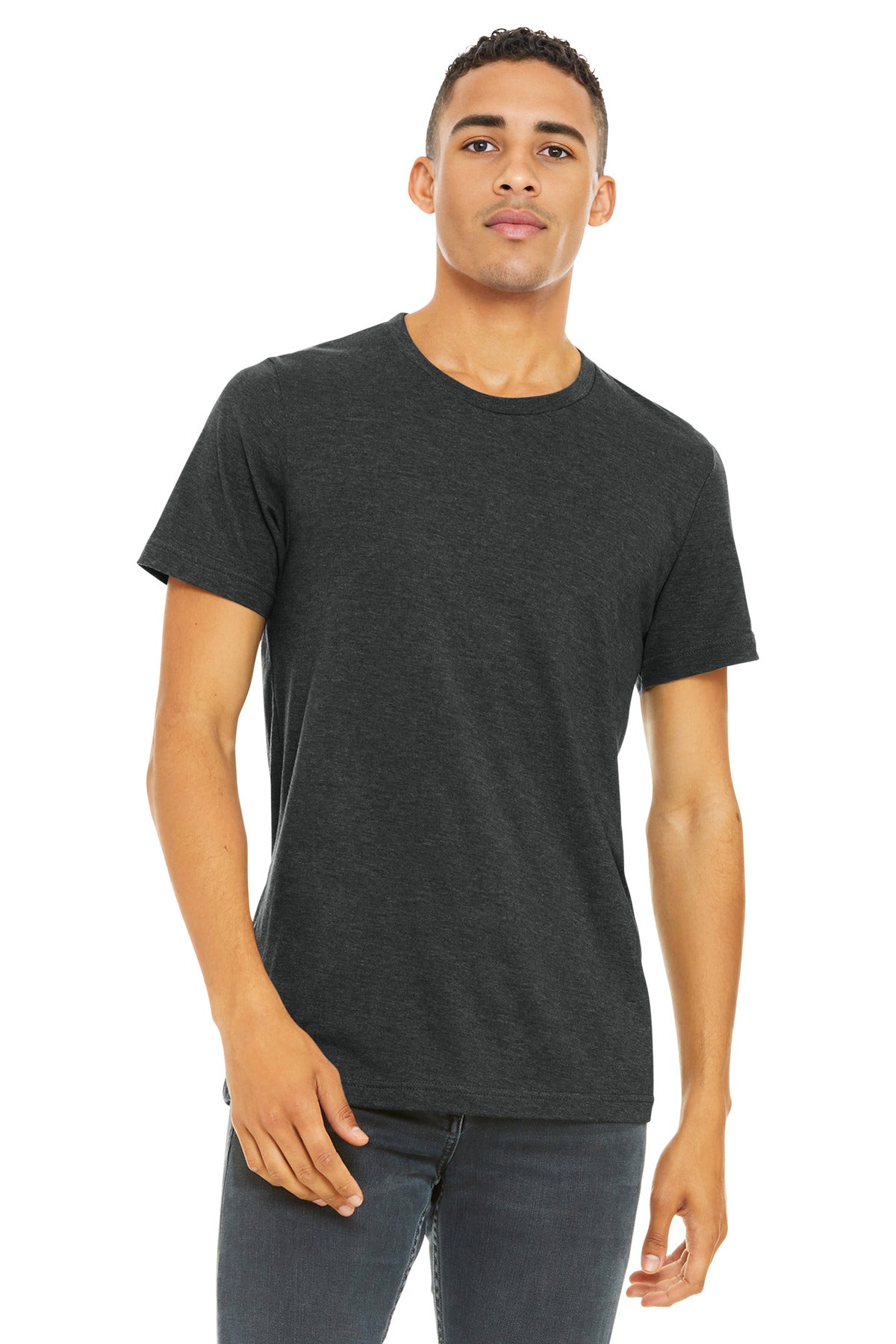 Front View of Dark Grey Ht BELLA+CANVAS Unisex Heather CVC Short Sleeve Tee. BC3001CVC