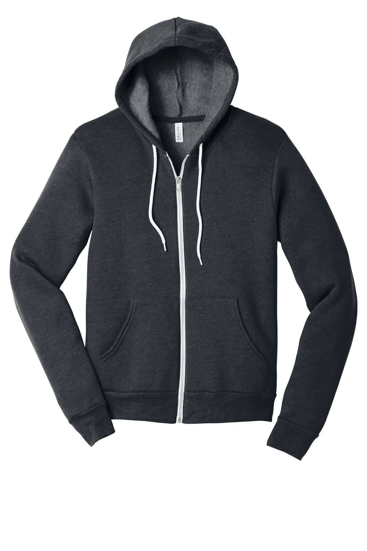 Front View of Dark Grey Ht BELLA+CANVAS Unisex Sponge Fleece Full-Zip Hoodie. BC3739