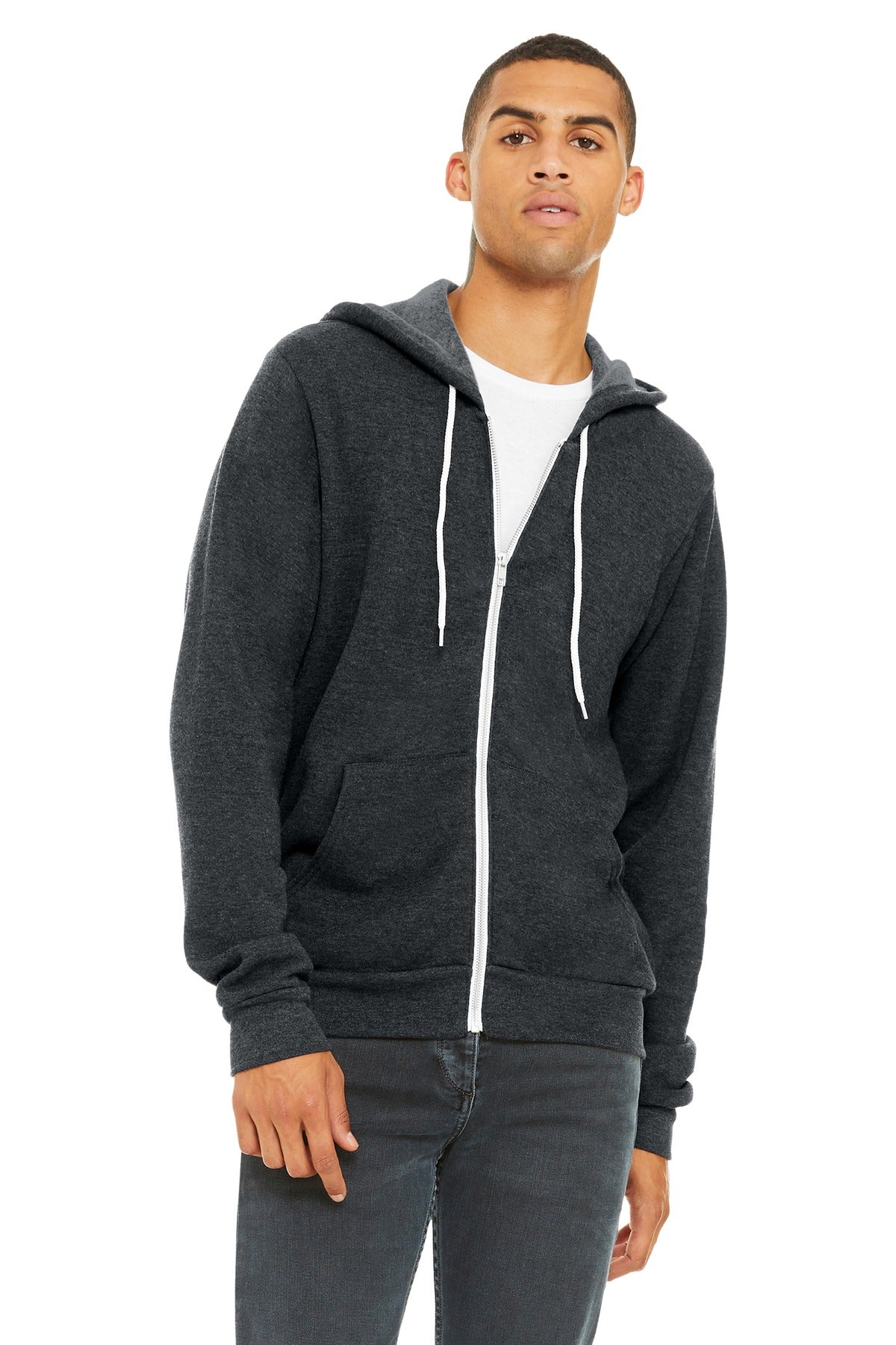 Front View of Dark Grey Ht BELLA+CANVAS Unisex Sponge Fleece Full-Zip Hoodie. BC3739