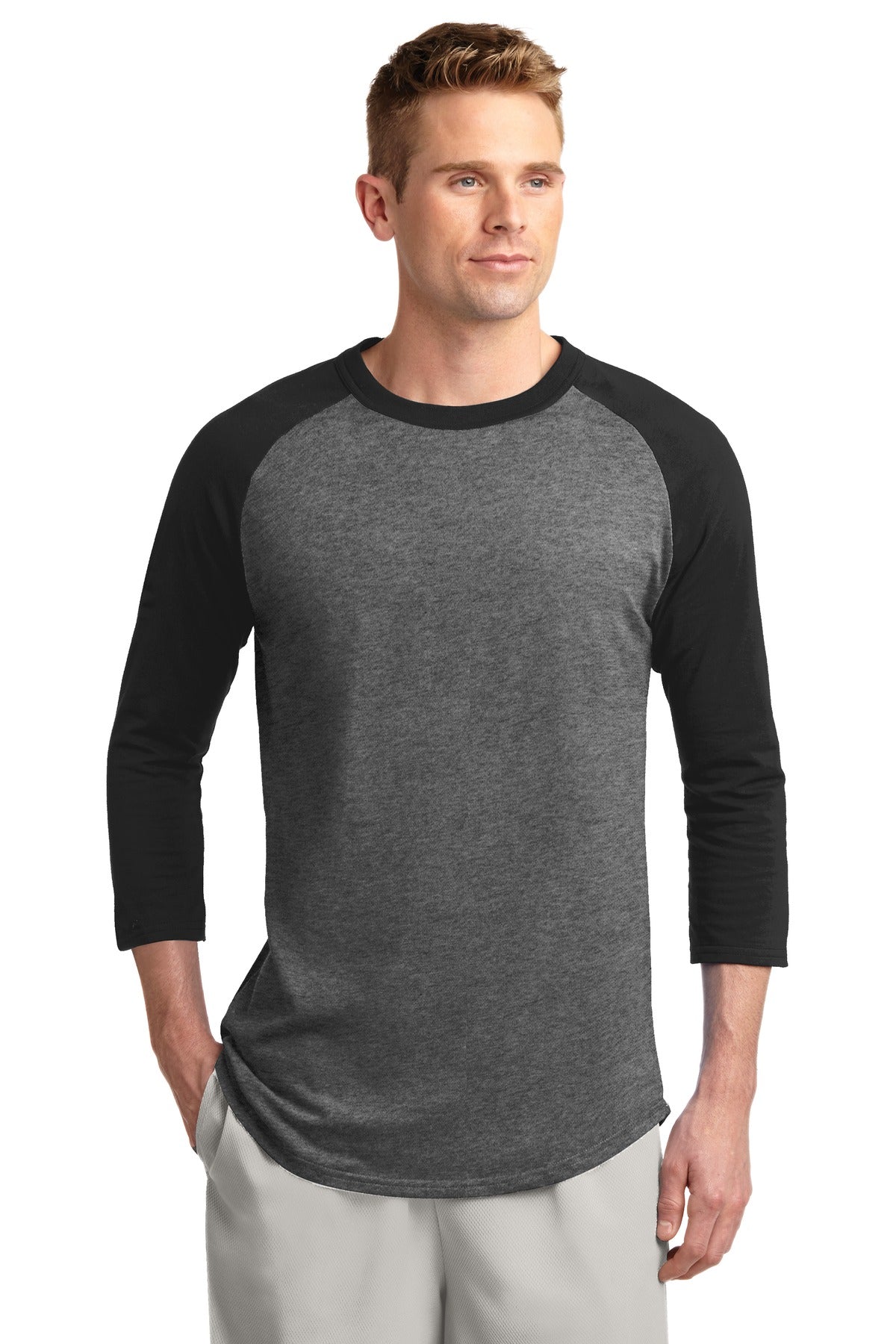 Front View of Dark He Gry/Bk Sport-Tek Colorblock Raglan Jersey. T200