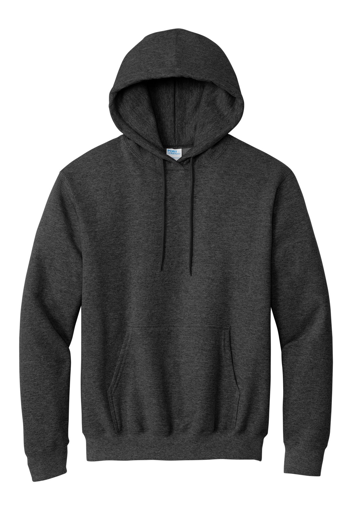 Front View of Dark Hthr Grey Port & Co Essential Fleece Pullover Hooded Sweatshirt. PC90H