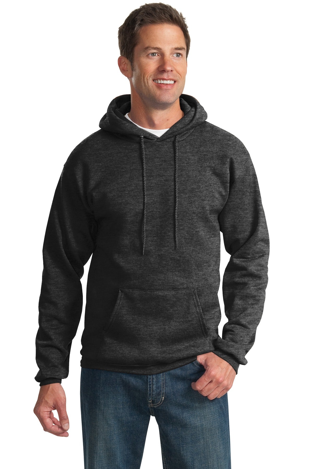 Front View of Dark Hthr Grey Port & Co Essential Fleece Pullover Hooded Sweatshirt. PC90H