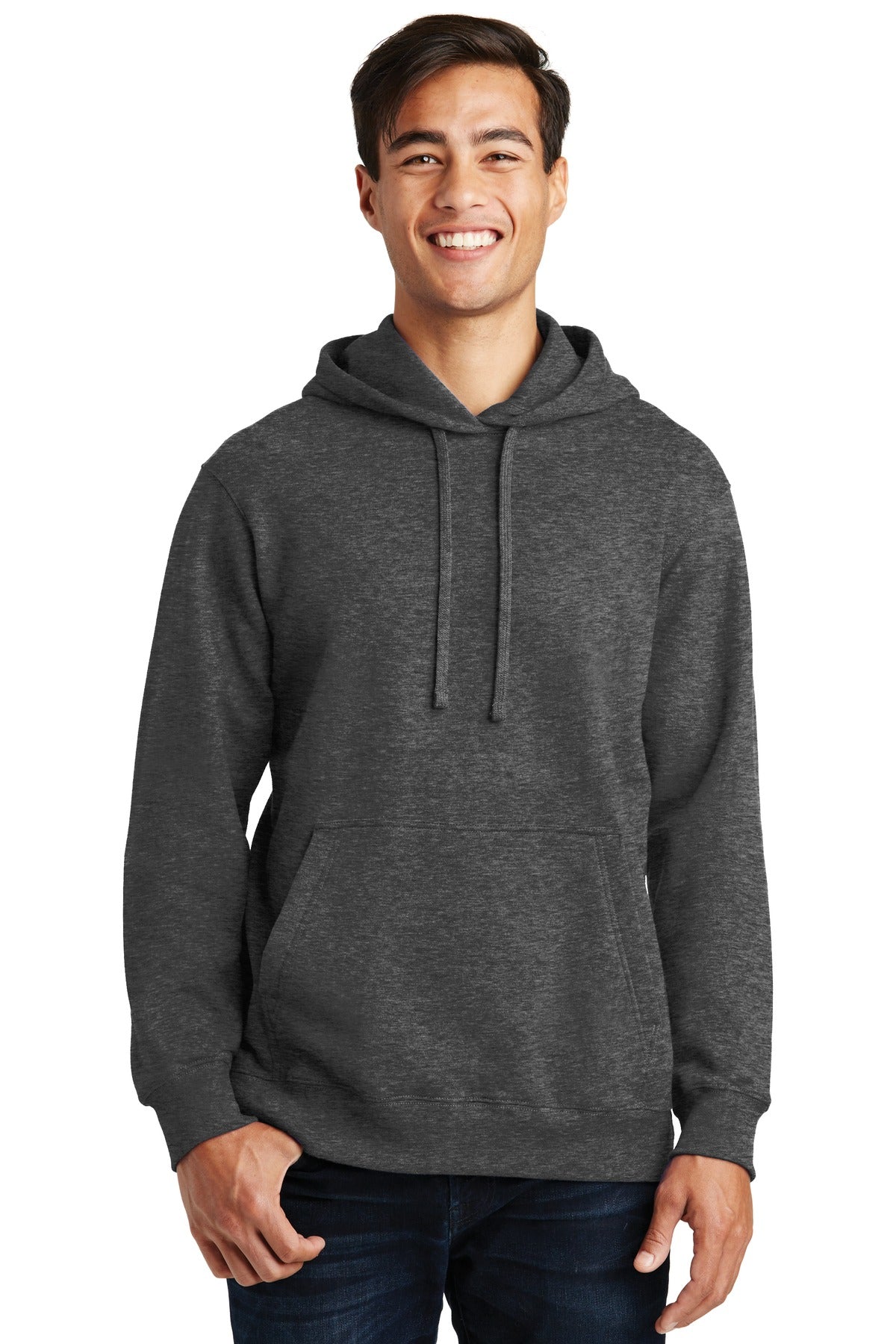 Front View of Dark Hthr Grey Port & Co Fan Favorite Fleece Pullover Hooded Sweatshirt. PC850H