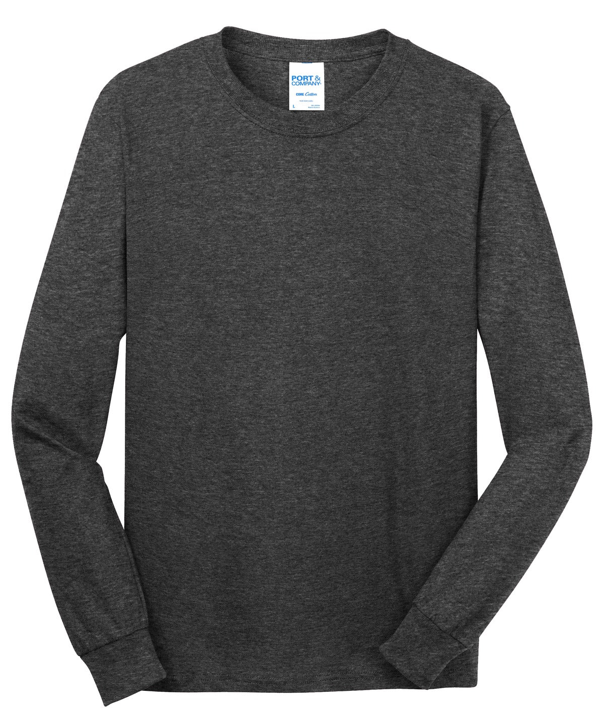 Front View of Dark Hthr Grey Port & Co Long Sleeve Core Cotton Tee. PC54LS