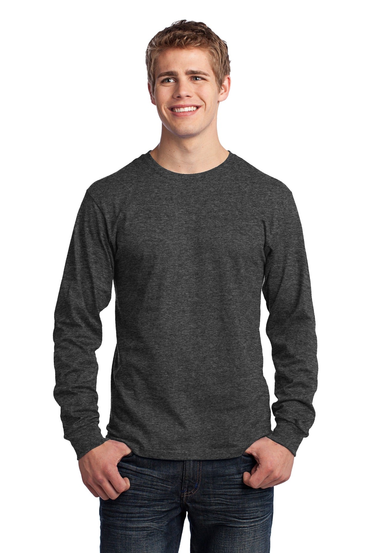 Front View of Dark Hthr Grey Port & Co Long Sleeve Core Cotton Tee. PC54LS