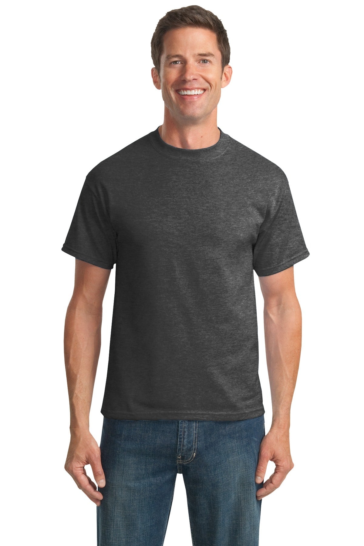 Front View of Dark Hthr Grey Port & Co Tall Core Blend Tee. PC55T