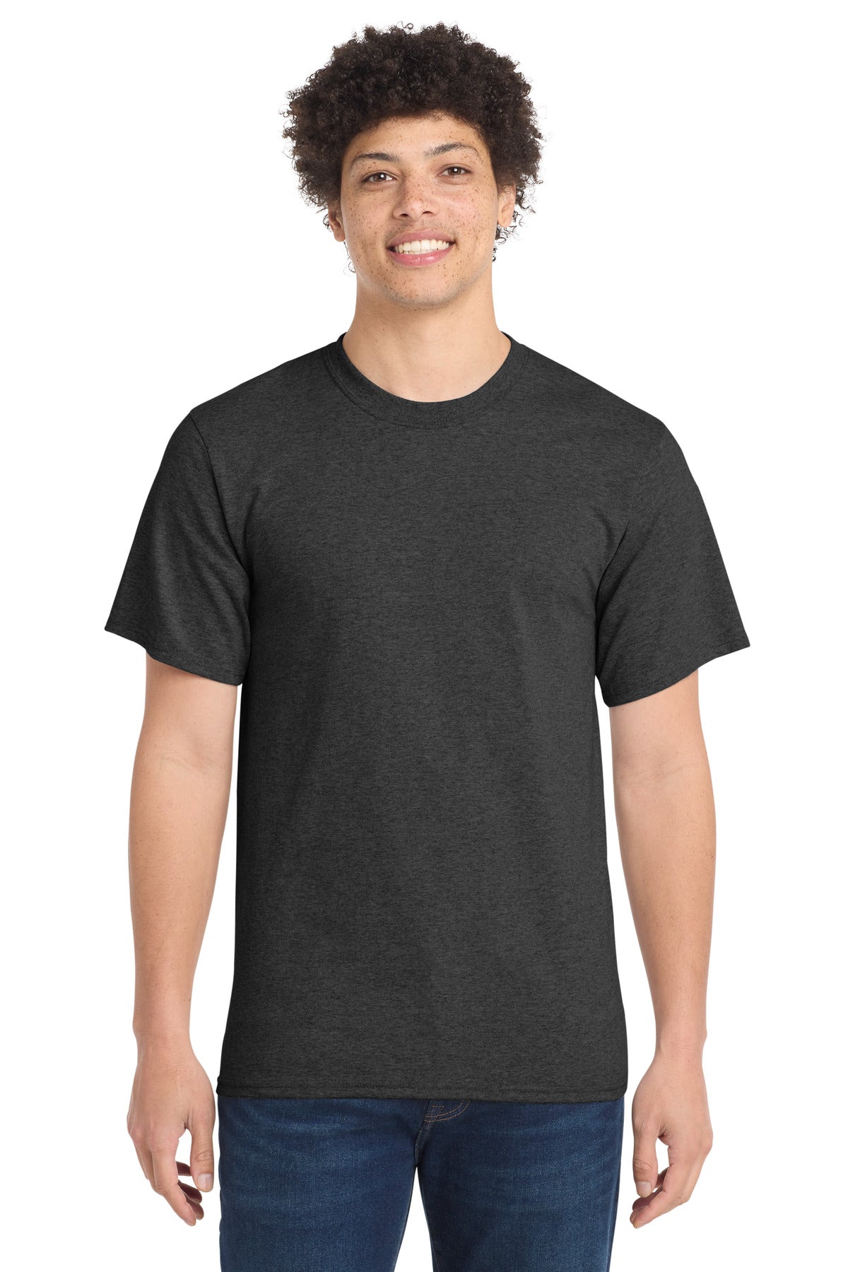 Front View of Dark Hthr Grey Port & Co Tall Essential Tee. PC61T