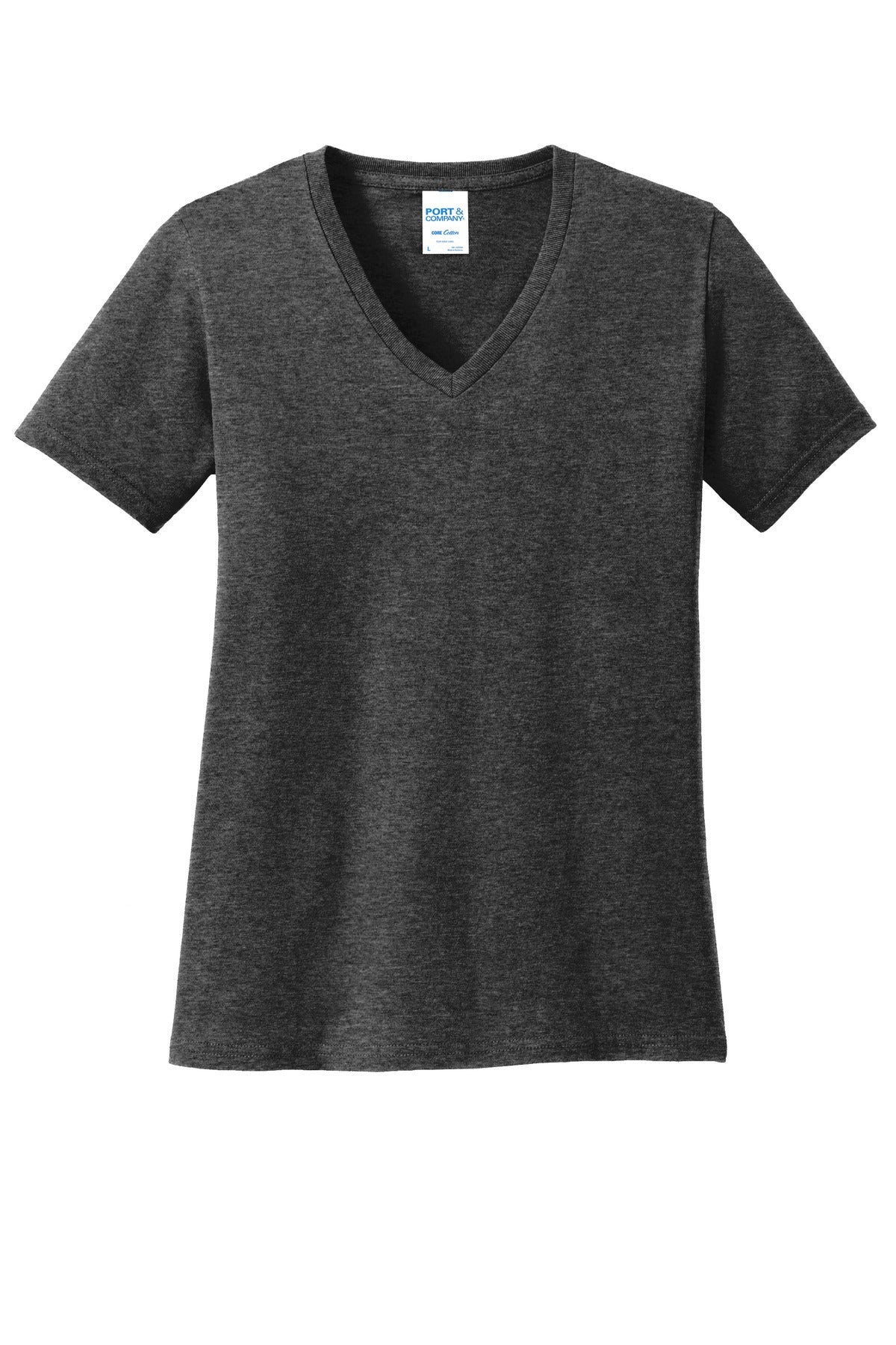 Front View of Dark Hthr Grey Port & Co Women's Core Cotton V-Neck Tee. LPC54V