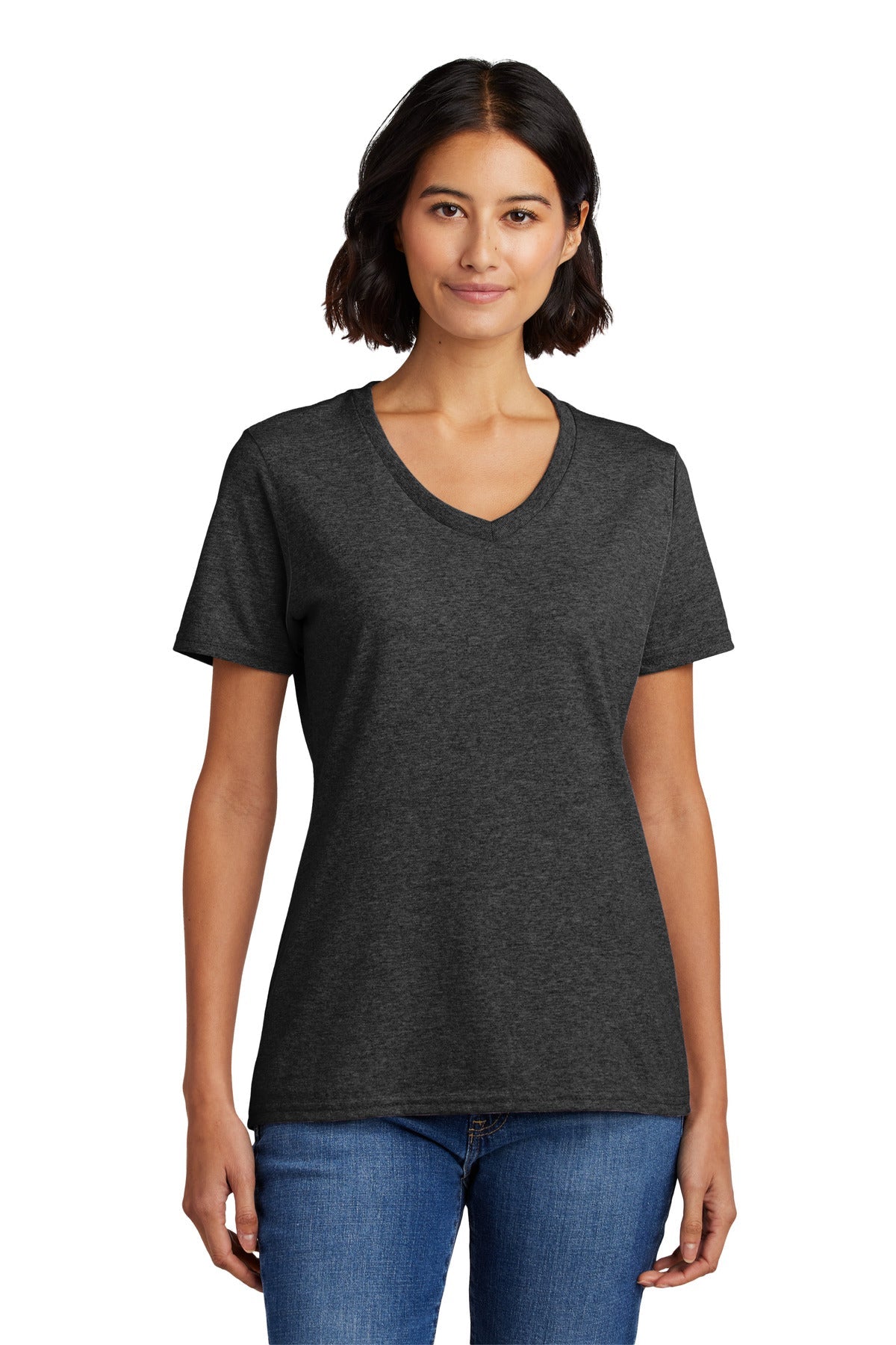 Front View of Dark Hthr Grey Port & Co Women's Core Cotton V-Neck Tee. LPC54V
