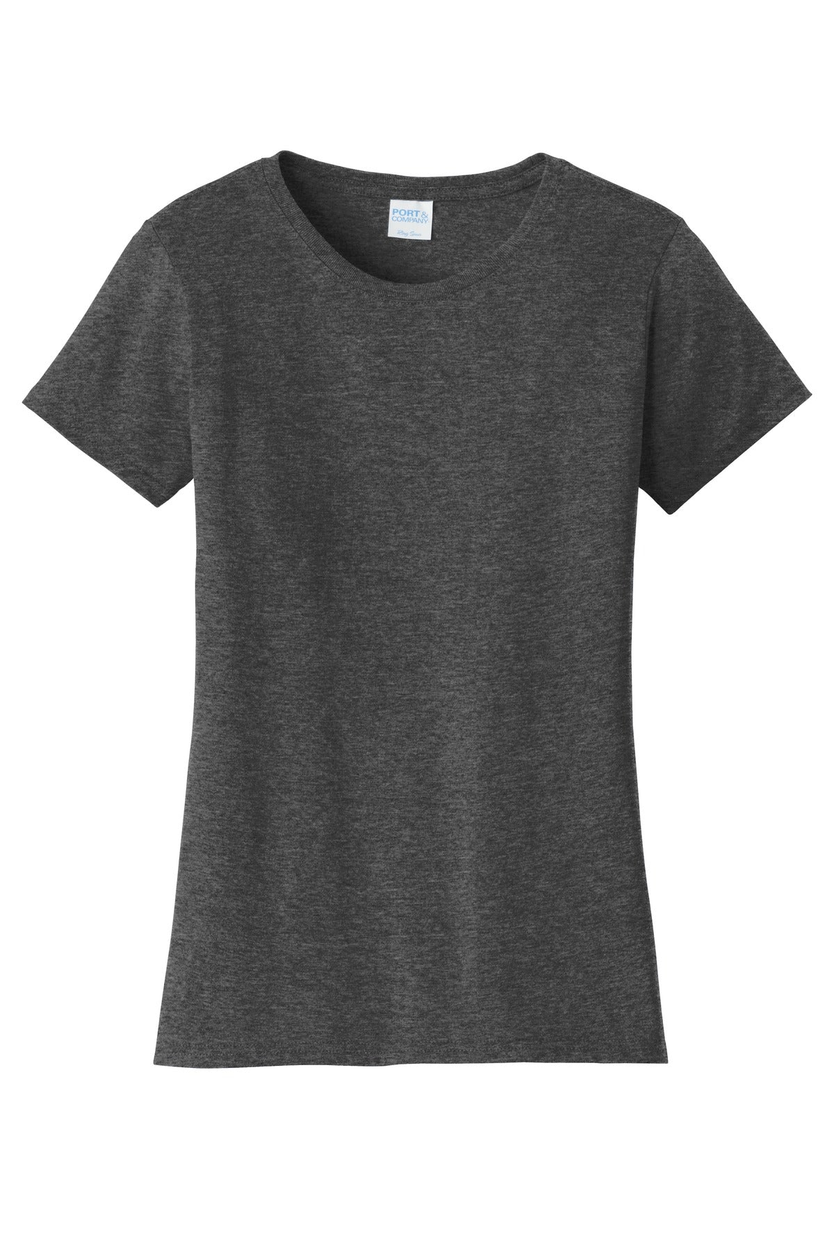Front View of Dark Hthr Grey Port & Co Women's Fan Favorite Tee. LPC450