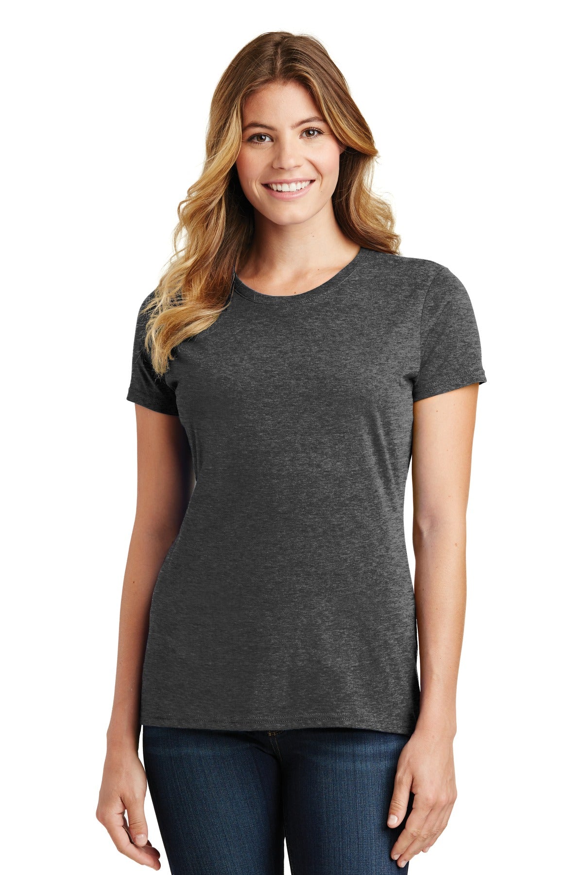 Front View of Dark Hthr Grey Port & Co Women's Fan Favorite Tee. LPC450