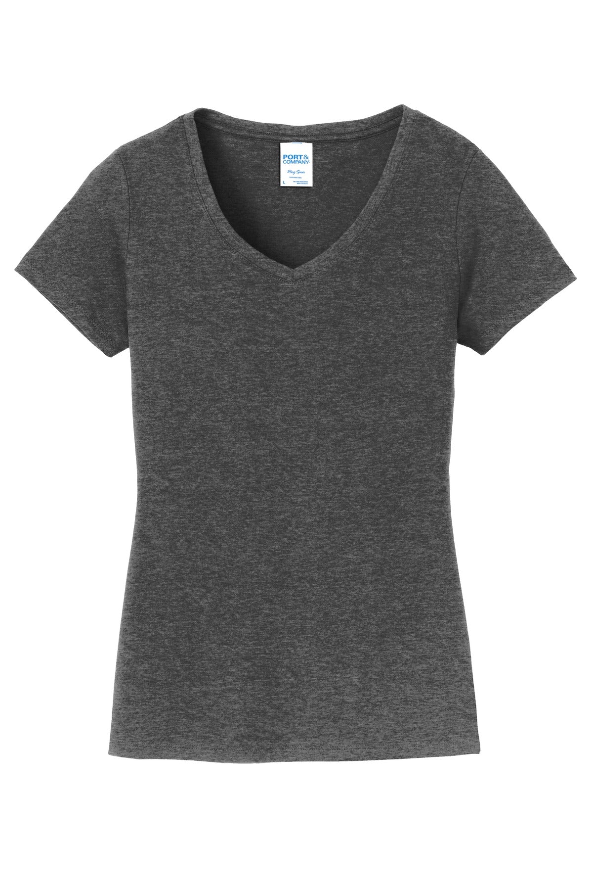 Front View of Dark Hthr Grey Port & Co Women's Fan Favorite V-Neck Tee. LPC450V