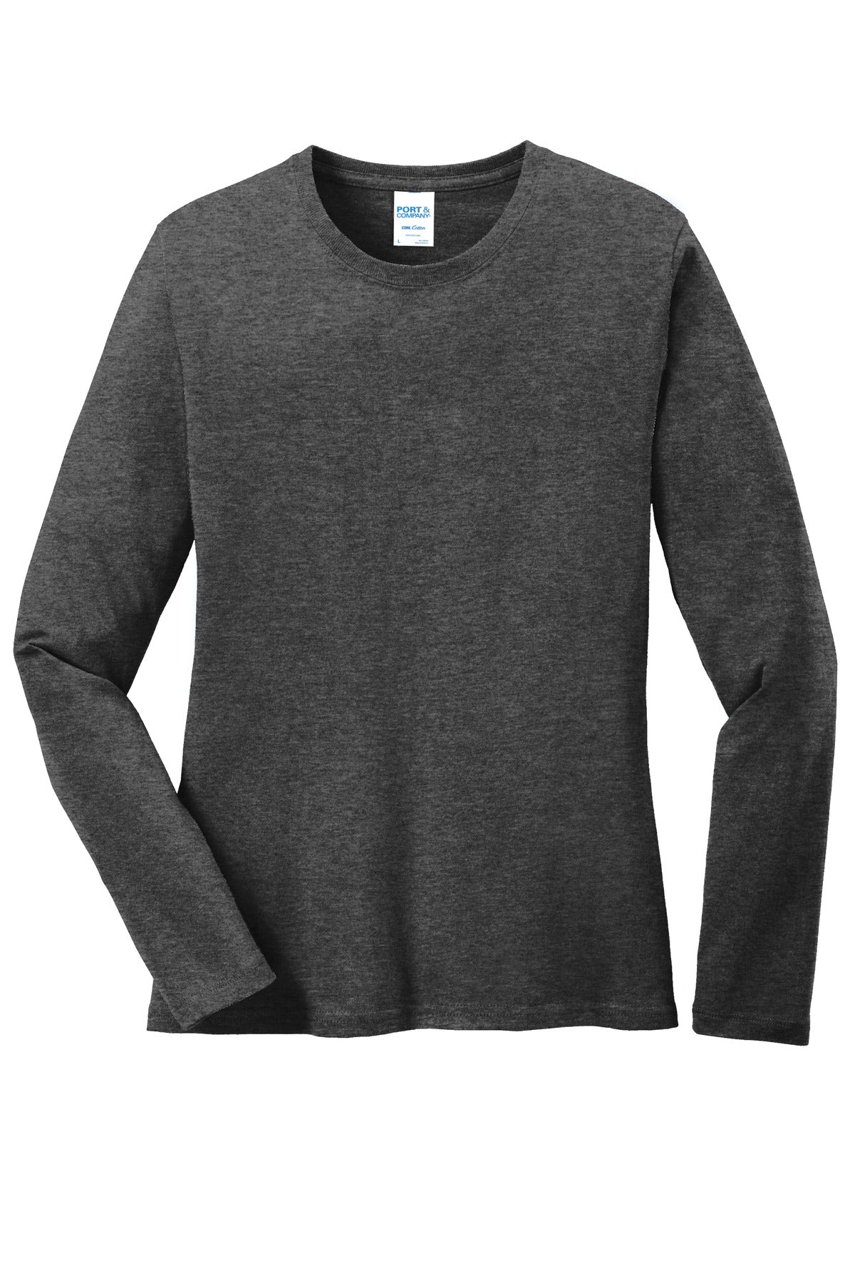 Front View of Dark Hthr Grey Port & Co Women's Long Sleeve Core Cotton Tee. LPC54LS