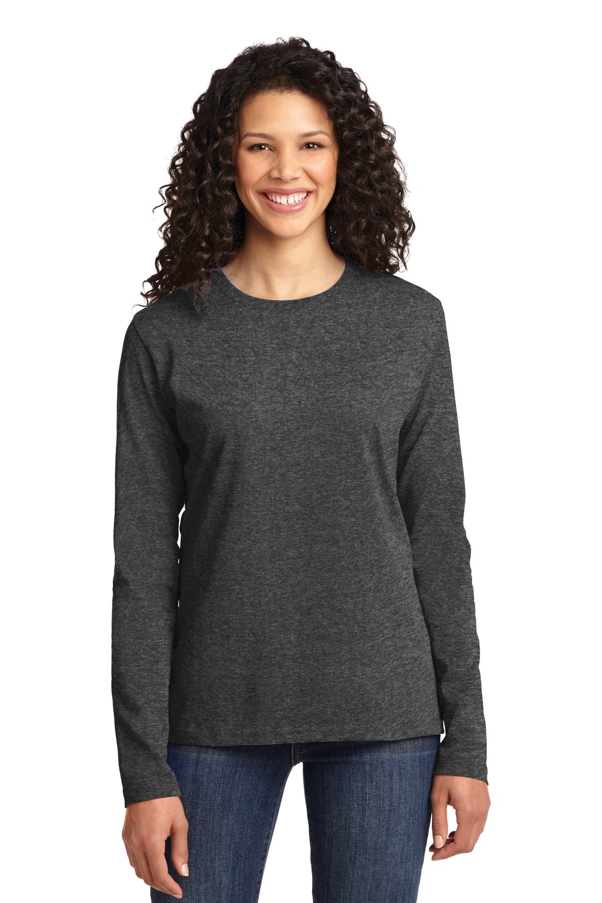 Front View of Dark Hthr Grey Port & Co Women's Long Sleeve Core Cotton Tee. LPC54LS